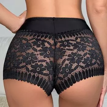 Сексуальные кружевные дышащие трусы-боксеры со средней посадкой и обхватом бедер для женщин XXL чёрный