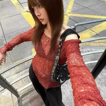 Сексуальные кружевные футболки женские с длинным рукавом, прозрачные винтажные топы нерегулярной формы, уличная одежда, футболки с разрезом Fairycore Y2k, футболки 2000-х годов S красный