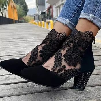 Сексуальные кружевные летние босоножки на среднем каблуке, босоножки больших размеров, дышащая сетка, модные удобные туфли на высоком каблуке 6 см 35 чёрный
