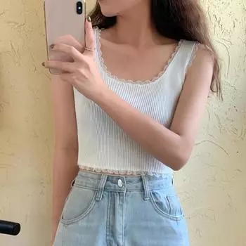 Сексуальные кружевные однотонные вязаные топы на бретельках в корейском стиле, модные трендовые цветные женские кофточки One Size чёрный