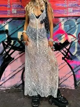 Сексуальные кружевные прозрачные комбинезоны с цветочным принтом для клубных ночных вечеринок для женщин, весна-лето 2024, пляжное повседневное длинное платье S белый