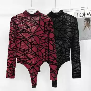 Сексуальные кружевные сетчатые боди для женщин 2024 Весенняя мода женские длинные рукава прозрачные облегающие женские уличные облегающие боди L чёрный