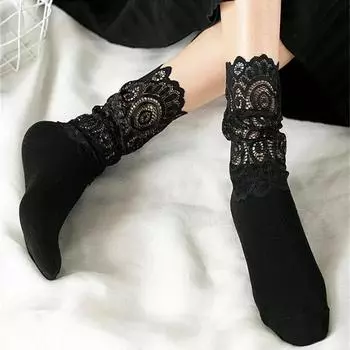 Сексуальные кружевные сетчатые носки с цветочным принтом, женские черные прозрачные короткие хлопковые носки для женщин, эластичные милые ретро носки, женские новые One Size чёрный