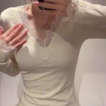 Сексуальные кружевные широкие футболки для женщин, однотонные футболки для девочек, милые футболки с глубоким V-образным вырезом, женские модные футболки S