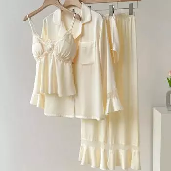 Сексуальные кружевные шорты с подтяжками, рубашка, брюки, пижамный комплект, женский пижамный комплект из 4 предметов, повседневная одежда, весенне-осенняя свободная домашняя пижама M белый