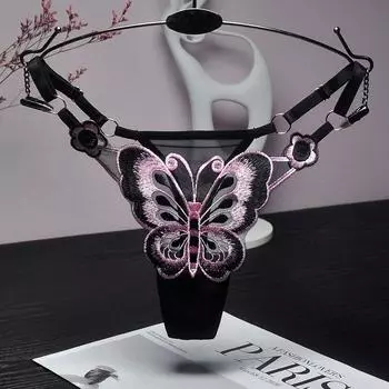 Сексуальные кружевные стринги, женские трусики с низкой талией и бабочкой, стринги, прозрачные сетчатые трусы, трусики с регулируемой талией one size чёрный