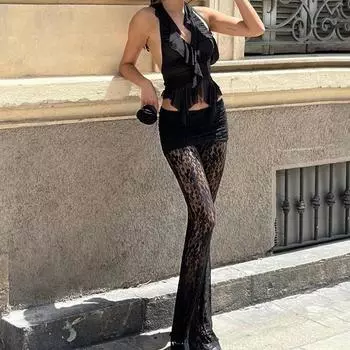 Сексуальные кружевные тонкие прозрачные расклешенные брюки с высокой талией S чёрный