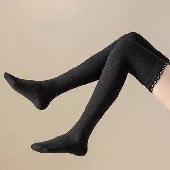Сексуальные кружевные женские хлопковые носки выше колена, модные теплые колготки, чулки серый
