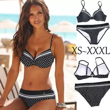 Сексуальные купальники, бикини, черный купальный костюм для женщин, купальник в горошек, мягкий комплект бикини с эффектом пуш-ап S чёрный