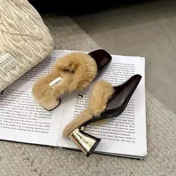 Сексуальные леопардовые туфли на высоком каблуке с квадратным носком, меховые тапочки, уютная замшевая теплая плюшевая хлопковая обувь, зимние трендовые шлепанцы 2025 года, Zapatos Mujer 35 чёрный