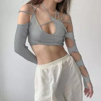 Сексуальные летние топы с вырезами в готическом стиле 2023, технологичная одежда в стиле панк, женские укороченные топы с лямкой на шее для девочек Y2k, лоскутные повседневные футболки с длинными рукавами 21501 S чёрный