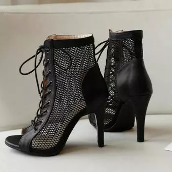 Сексуальные летние туфли на высоком каблуке, сандалии из полой сетки, трендовые удобные ботильоны с открытым носком, туфли на шпильке, танцевальная обувь для джаза, женские, больших размеров 34