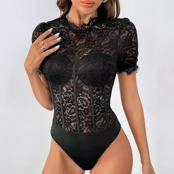 Сексуальные летние женские кружевные боди, однотонные колготки с коротким рукавом и круглым вырезом, комбинезоны