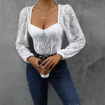 Сексуальные летние женские кружевные боди однотонные короткие рукава V-образный вырез колготки комбинезоны S белый