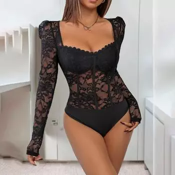 Сексуальные летние женские кружевные боди однотонные короткие рукава V-образный вырез колготки комбинезоны S чёрный