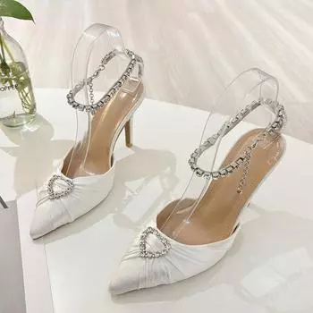 Сексуальные летние женские туфли-лодочки Love Rhinestones Атласные туфли с острым носком на высоком каблуке Туфли в уличном стиле для банкетов и вечеринок Босоножки с пряжкой на щиколотке 35