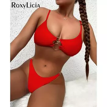 Сексуальные металлические кольца, бразильский бикини, женский купальник, женский купальник из двух частей, комплект бикини, купальный костюм, купальный костюм для леди S красный