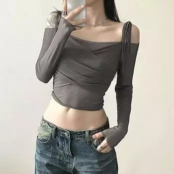 Сексуальные модные укороченные футболки, летняя новая уличная сетчатая футболка с длинным рукавом для женщин, однотонные облегающие футболки, топы, элегантные повседневные женские футболки 24573 S серый