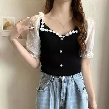 Сексуальные модные женские футболки с квадратными воротниками для девочек Y2K с коротким рукавом M чёрный