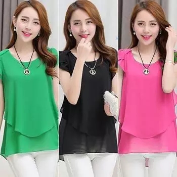 Сексуальные модные женские шифоновые топы с короткими рукавами, летняя повседневная свободная футболка, блузка S чёрный