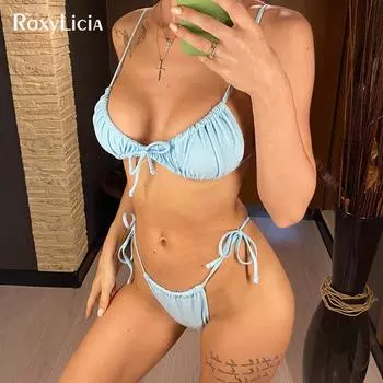 Сексуальные морщинистые мини-стринги, женский купальник, женский купальник, комплект из двух частей, мягкий купальный костюм S чёрный