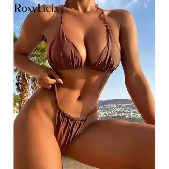 Сексуальные морщинистые стринги с высоким вырезом, женские купальники, женский купальник, комплект из двух частей, купальный костюм, купальный костюм для женщин S