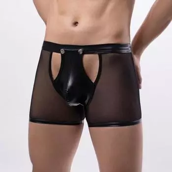 Сексуальные мужские трусы на пуговицах, легко открывающиеся полые трусы с низкой талией, прозрачная сетка из искусственной кожи в стиле пэчворк, тонкие мягкие дышащие трусы-боксеры, мужское нижнее белье M
