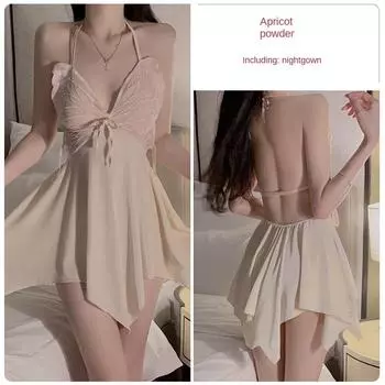 Сексуальные накладки на грудь из ледяного шелка с открытой спиной, бретельки с бантом, пижамы, пижамы, комплект домашней одежды M абрикосовый