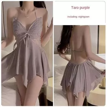 Сексуальные накладки на грудь из ледяного шелка с открытой спиной, бретельки с бантом, пижамы, пижамы, комплект домашней одежды XL фиолетовый