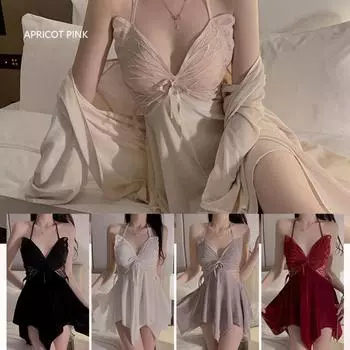 Сексуальные накладки на грудь из ледяного шелка с открытой спиной, бретельки с бантом, пижамы, пижамы, комплект домашней одежды M красный