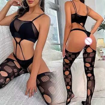 Сексуальные наряды Комплекты нижнего белья Комбинезоны для женщин Ажурный комбинезон Сексуальные женские боди-чулки Боди Сетчатые костюмы с открытой промежностью S