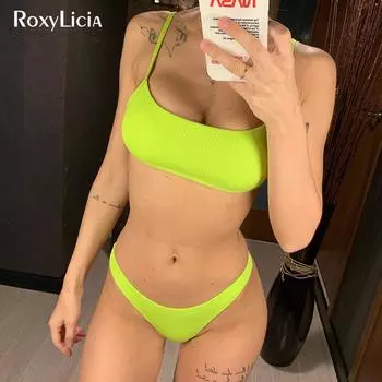 Сексуальные неоновые желтые стринги-бикини, женские купальники, стринги, женский комплект бикини, купальный костюм в рубчик S неоновый зеленый