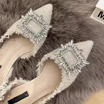 Сексуальные новинки весны 2024 года, белые туфли-лодочки с острым носком и квадратными стразами, женские туфли-шпильки, туфли Мэри Джейн, босоножки для вечеринки и свадьбы 34