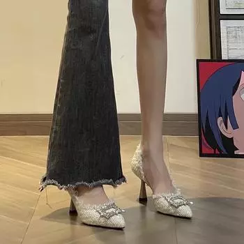 Сексуальные новинки весны 2024 года, белые туфли-лодочки с острым носком и квадратными стразами, женские туфли-шпильки, туфли Мэри Джейн, босоножки для вечеринки и свадьбы 34