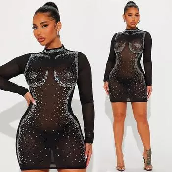 Сексуальные новые мини-платья женские с длинным рукавом в сетку со стразами модное сексуальное вечернее короткое платье с v-образным вырезом для вечеринок и клубов S чёрный