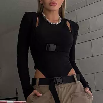 Сексуальные новые открытые костюмы Y2k с длинными рукавами, женские лоскутные костюмы с пряжкой из двух частей, обтягивающее боди, женское уличное стильное повседневное универсальное платье S чёрный