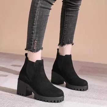 Сексуальные, новые, зимние, повседневные, элегантные, теплые и удобные, черные, с круглым носком и квадратным каблуком, короткие женские сапоги на толстой подошве 36 чёрный