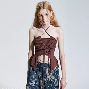 Сексуальные облегающие футболки с лямкой на шее, женские летние топы с открытыми плечами и открытой спиной, однотонные модные футболки для девочек Y2K S чёрный