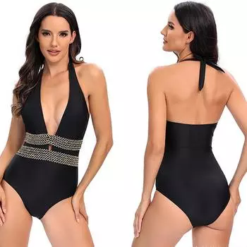 Сексуальные однотонные женские купальники с глубоким V-образным вырезом, цельный купальник, женские купальные костюмы, боди, пляжная одежда, монокини S чёрный