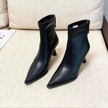 Сексуальные остроносые сапоги на высоком каблуке для женщин 2024 года, новые зимние ботильоны, модные женские туфли на молнии для похудения, горячая распродажа, лакированная кожаная обувь 35 чёрный