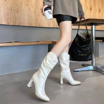 Сексуальные остроносые высокие сапоги женские праздничные туфли новые модные лакированные кожаные плиссированные тонкие длинные сапоги на толстом высоком каблуке Botas De Mujer 35