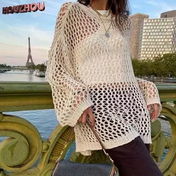 Сексуальные открытые свитера, европейские женские свободные пуловеры с длинными рукавами, винтажные джемперы Y2K, осенние топы с круглым вырезом S хаки