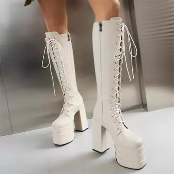 Сексуальные панк-сапоги до колена на платформе, готические черные зимние ботинки на высоком каблуке, кожаные, со шнуровкой, фетиш-туфли для стриптиза, женские, большого размера 45 35