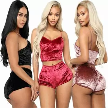 Сексуальные пижамы, пижамные комплекты больших размеров, женские однотонные бархатные укороченные топы + шорты S розовый