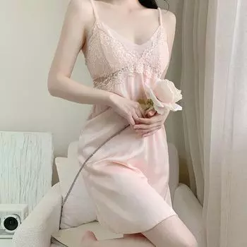 Сексуальные пижамы с кружевными подтяжками Домашняя одежда Элегантный ледяной шелк Новая ночная рубашка без рукавов Женские чистые желания Модный дизайн Повседневные платья M чёрный