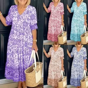 Сексуальные платья для женщин, богемный цветочный принт, сексуальный V-образный вырез с коротким рукавом, пляжная струящаяся вечеринка макси L синий
