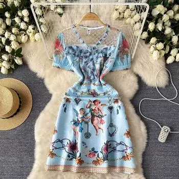 Сексуальные платья с принтом и сетчатым вырезом на талии и рукавами-пузырьками M небесно-голубой