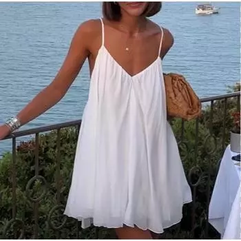 Сексуальные плиссированные белые платья-слинги для женщин, свободное мини-платье с V-образным вырезом без рукавов и открытой спиной, летние новые женские шикарные пляжные халаты 2024 года S белый