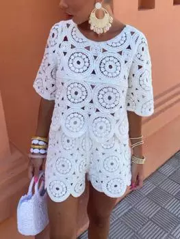 Сексуальные полые вязаные крючком комплекты из двух предметов, женские футболки с короткими рукавами + свободные шорты с высокой талией, женская мода, шикарные однотонные уличные пляжные костюмы S белый