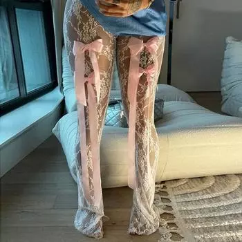 Сексуальные прозрачные кружевные брюки с бантом, женские летние модные тонкие длинные брюки с высокой талией, горячие девушки, клубные сексуальные прозрачные брюки, женские уличные повседневные низы, новая мода S белый